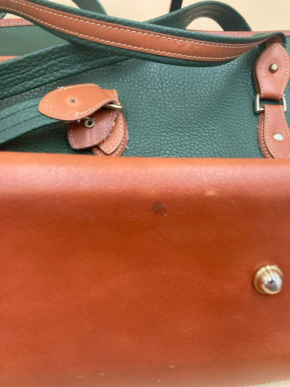 Dooney & Bourke Forest Green Pebbled Leather Tote with Brown Trim Vintage